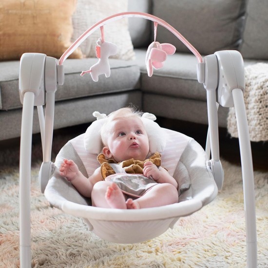 Ingenuity Comfort 2 Go Compact Portable 6-Speed Baby Swing with Music, Folds for Easy Travel-Flora the Unicorn (Pink), 0-9 Months (12202)