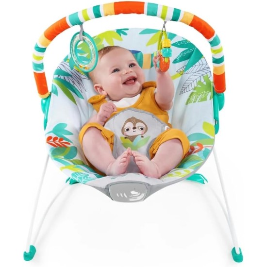 Bright Starts Baby Bouncer Soothing Vibrations Infant Seat - Removable -Toy Bar, Nonslip Feet, 0-6 Months Up to 20 lbs (Rainforest Vibes)