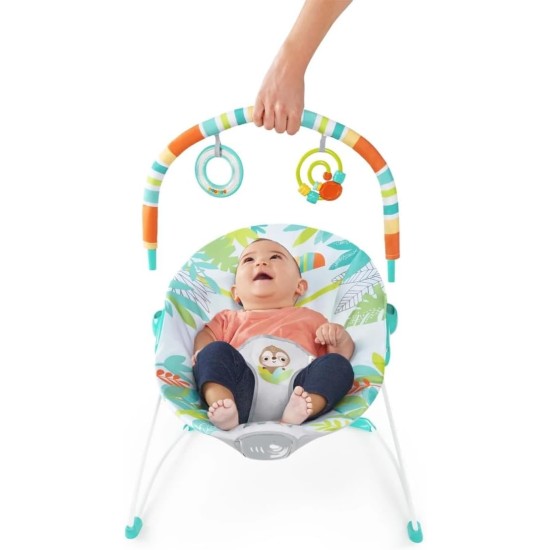 Bright Starts Baby Bouncer Soothing Vibrations Infant Seat - Removable -Toy Bar, Nonslip Feet, 0-6 Months Up to 20 lbs (Rainforest Vibes)