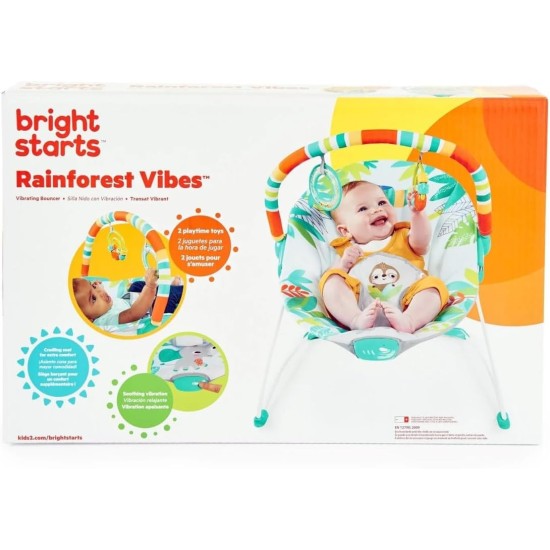 Bright Starts Baby Bouncer Soothing Vibrations Infant Seat - Removable -Toy Bar, Nonslip Feet, 0-6 Months Up to 20 lbs (Rainforest Vibes)