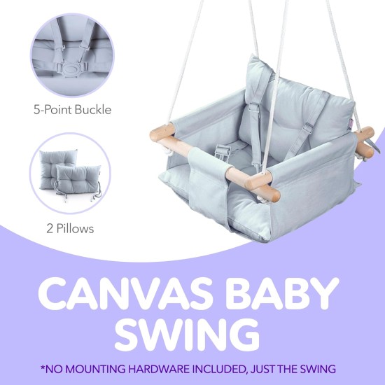 CaTeam - Canvas Baby Swing, Wooden Hanging Swing Seat Chair with Safety Belt, Durable Baby Swing Chair, Outdoor and Indoor Swing for Kids, Gray Blue