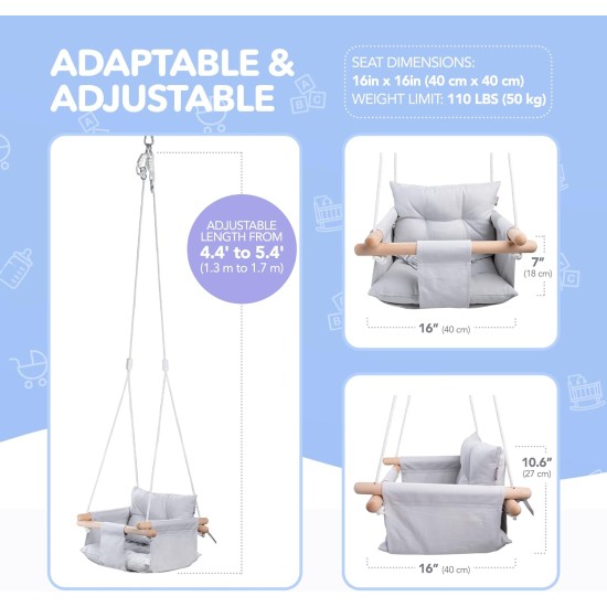 CaTeam - Canvas Baby Swing, Wooden Hanging Swing Seat Chair with Safety Belt, Durable Baby Swing Chair, Outdoor and Indoor Swing for Kids, Gray Blue