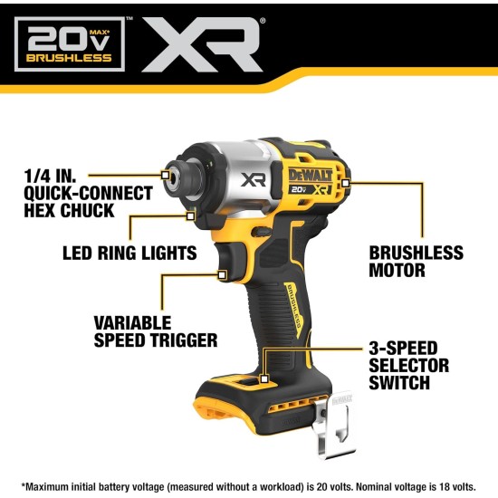 DEWALT 20V MAX XR Cordless Impact Driver, Brushless, 3-Speed, Tool Only (DCF845B)