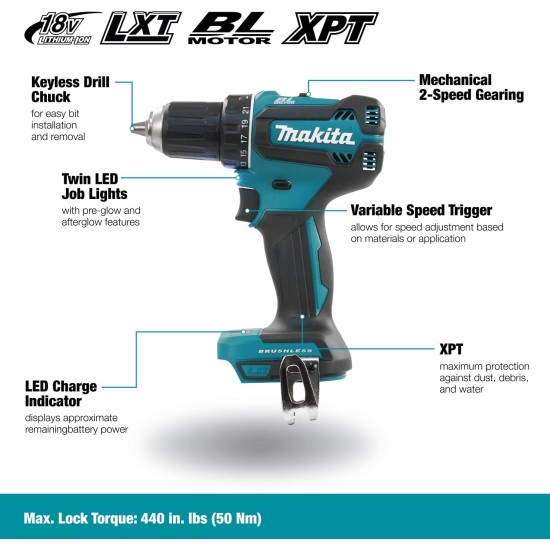 Makita DDF485Z 18V LXT Brushless Cordless 1/2" Variable 2-Speed Drill/Driver with XPT (Tool Only)