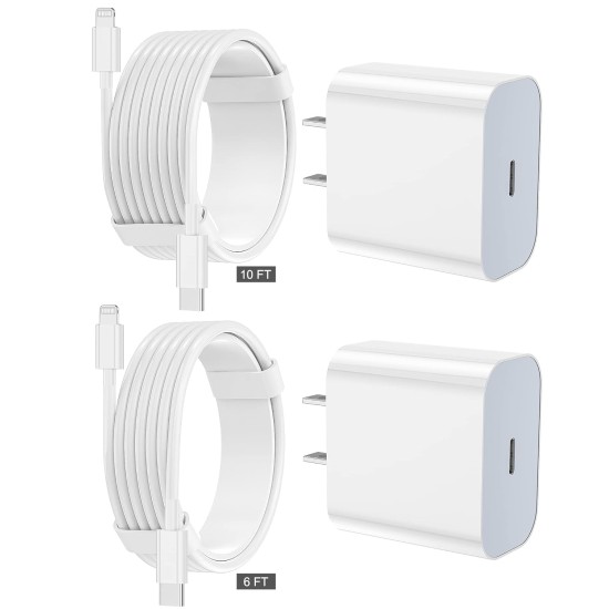 iPhone Charger Set - Apple MFi Certified: Includes 2 USB-C Wall Chargers and 2 Long USB-C to Lightning Cables (6FT & 10FT) for iPhone