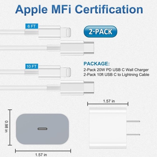 iPhone Charger Set - Apple MFi Certified: Includes 2 USB-C Wall Chargers and 2 Long USB-C to Lightning Cables (6FT & 10FT) for iPhone