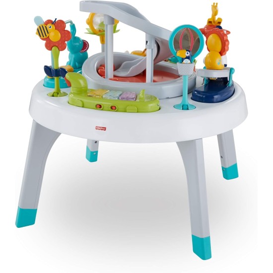 Fisher-Price 2-in-1 Baby Activity Center and Toddler Activity Table Racing Ramp with Lights and Music, Spin ‘n Play Safari