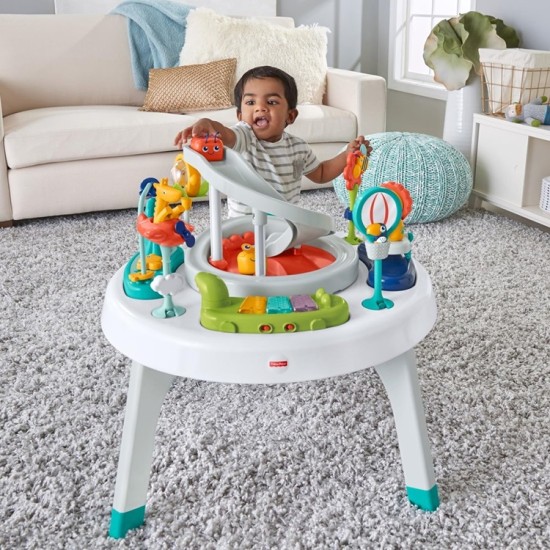 Fisher-Price 2-in-1 Baby Activity Center and Toddler Activity Table Racing Ramp with Lights and Music, Spin ‘n Play Safari