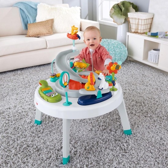 Fisher-Price 2-in-1 Baby Activity Center and Toddler Activity Table Racing Ramp with Lights and Music, Spin ‘n Play Safari