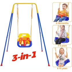 FUNLIO 3-in-1 Swing Set for Toddler with 4 Sandbags, Heavy-Duty Kid Swing Set with Safety Harness, for Backyard, Indoor/Outdoor Play, Folding Metal Stand & Clear Instruction, Easy to Assemble & Store