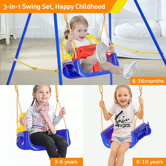 FUNLIO 3-in-1 Swing Set for Toddler with 4 Sandbags, Heavy-Duty Kid Swing Set with Safety Harness, for Backyard, Indoor/Outdoor Play, Folding Metal Stand & Clear Instruction, Easy to Assemble & Store