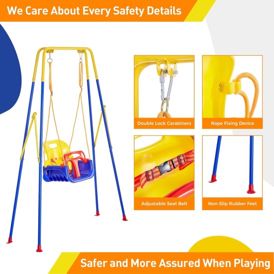 FUNLIO 3-in-1 Swing Set for Toddler with 4 Sandbags, Heavy-Duty Kid Swing Set with Safety Harness, for Backyard, Indoor/Outdoor Play, Folding Metal Stand & Clear Instruction, Easy to Assemble & Store