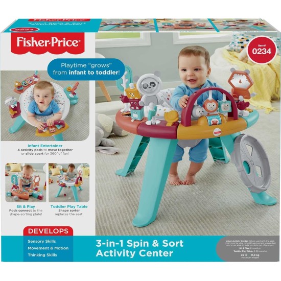 Fisher-Price 3-in-1 Spin & Sort Activity Center Watermelon Mint, convertible activity toy for baby, infant and toddlers