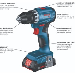 BOSCH GSR18V-400B22 18V Compact Brushless 1/2 in. Drill/Driver Kit with (2) 2.0 Ah Slimpack Batteries