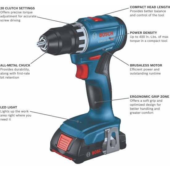 BOSCH GSR18V-400B22 18V Compact Brushless 1/2 in. Drill/Driver Kit with (2) 2.0 Ah Slimpack Batteries