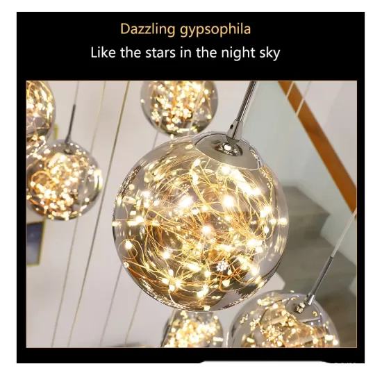 Modern LED Chandelier Pendant Glass Ball, Dimmable for Staircase Living Room - Gypsophila Stair Chandelier