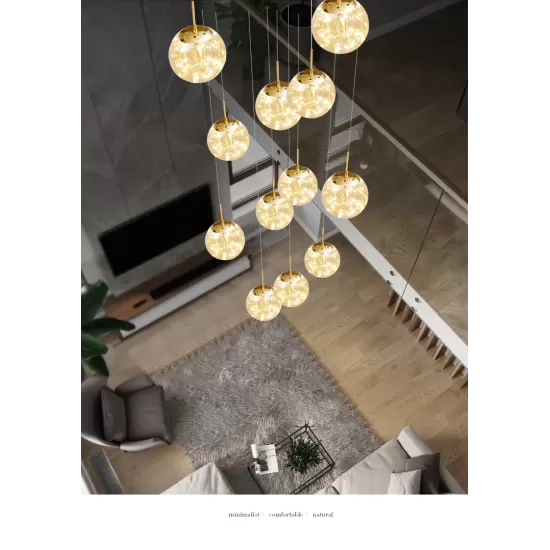 Modern LED Chandelier Pendant Glass Ball, Dimmable for Staircase Living Room - Gypsophila Stair Chandelier