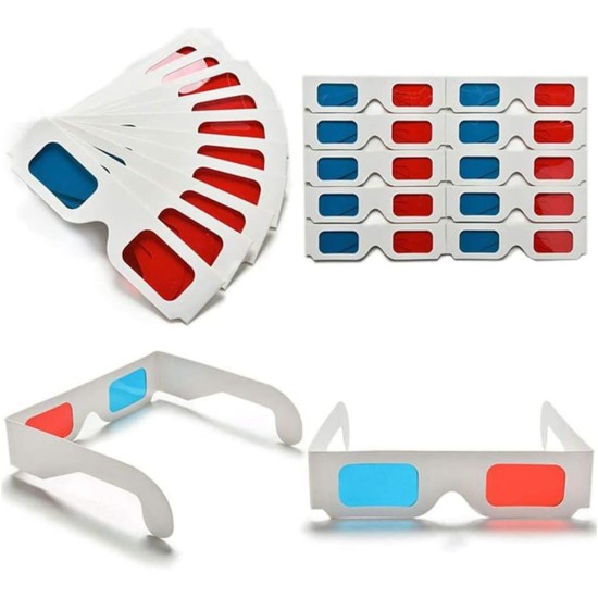 3D Paper Glasses, Red and Cyan Anaglyph, White Cardboard Frame, 50 Pairs