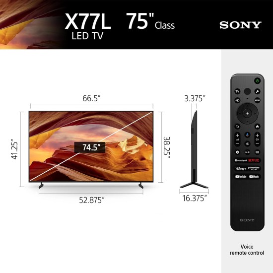 Sony 75 inch X77L LED 4K Ultra HD HDR Smart Google TV with Google Assistant (KD75X77L) - 2023 Model