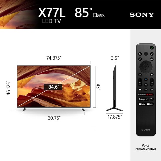 Sony 85 inch X77L LED 4K Ultra HD HDR Smart Google TV with Google Assistant (KD85X77L) - 2023 Model