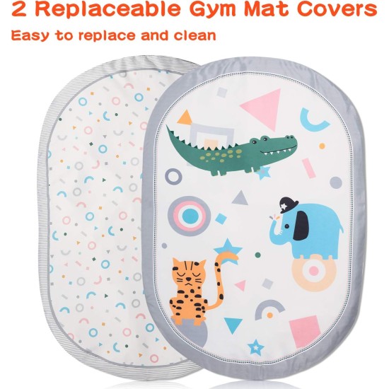 Lupantte 7 in 1 Baby Play Gym Mat with 2 Replaceable Washable Mat Covers Baby Activity Play Mat with 6 Toys, Visual, Hearing, Touch, Cognitive Development for Infant and Toddler, Thicker Non Slip