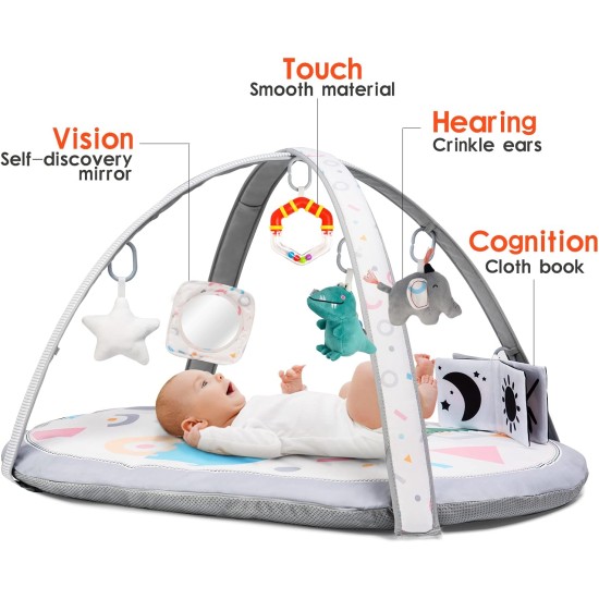 Lupantte 7 in 1 Baby Play Gym Mat with 2 Replaceable Washable Mat Covers Baby Activity Play Mat with 6 Toys, Visual, Hearing, Touch, Cognitive Development for Infant and Toddler, Thicker Non Slip