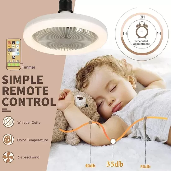 3-in-1 Ceiling Fan with Light and Remote Control, Silent, E27 Base - MDUG