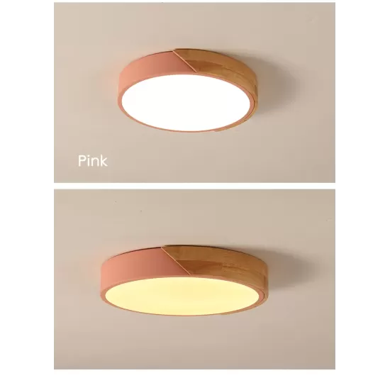 Modern Nordic LED Ceiling Light - Round Wooden Surface Mounted Lamp for Living Room, Bedroom, and Study with Remote Control