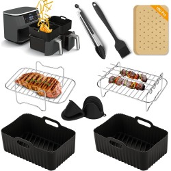 Air Fryer Accessories,9-Pcs Set for Ninja DZ201, DZ201C, DZ401, Reusable Silicone Air Fryer Liners & Gloves, Air Fryer Rack, Paper Lining, Food Tong, Oil Brush, Suitable for Oven, Microwave