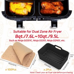Air Fryer Accessories,9-Pcs Set for Ninja DZ201, DZ201C, DZ401, Reusable Silicone Air Fryer Liners & Gloves, Air Fryer Rack, Paper Lining, Food Tong, Oil Brush, Suitable for Oven, Microwave