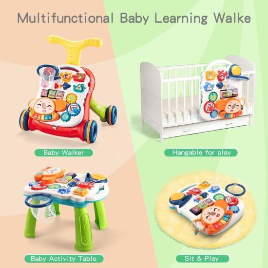 CUTE STONE Sit-to-Stand Learning Walker, 2 in 1 Baby Walker, Kids Early Educational Activity Center, Multifunctional Removable Play Panel, Baby Music Learning Toy Gift for Infant Boys Girls