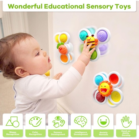 Suction Cup Spinner Toys for Baby, Sensory Toys Learning Toys for Toddlers 1-3, Baby Bath Toys for Babies 12-18 Months, 1 2 3 Year Old Girl Boy Gifts Idea (3 Pcs)