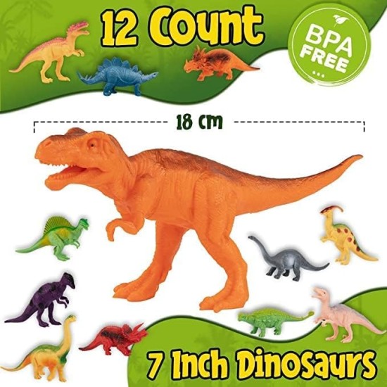 12 Pack of 7 Dinosaur Toy Figures with Educational Dinosaur Book, Large Plastic Dinosaur Toys Set for Toddlers, Kids, Boys and Girls